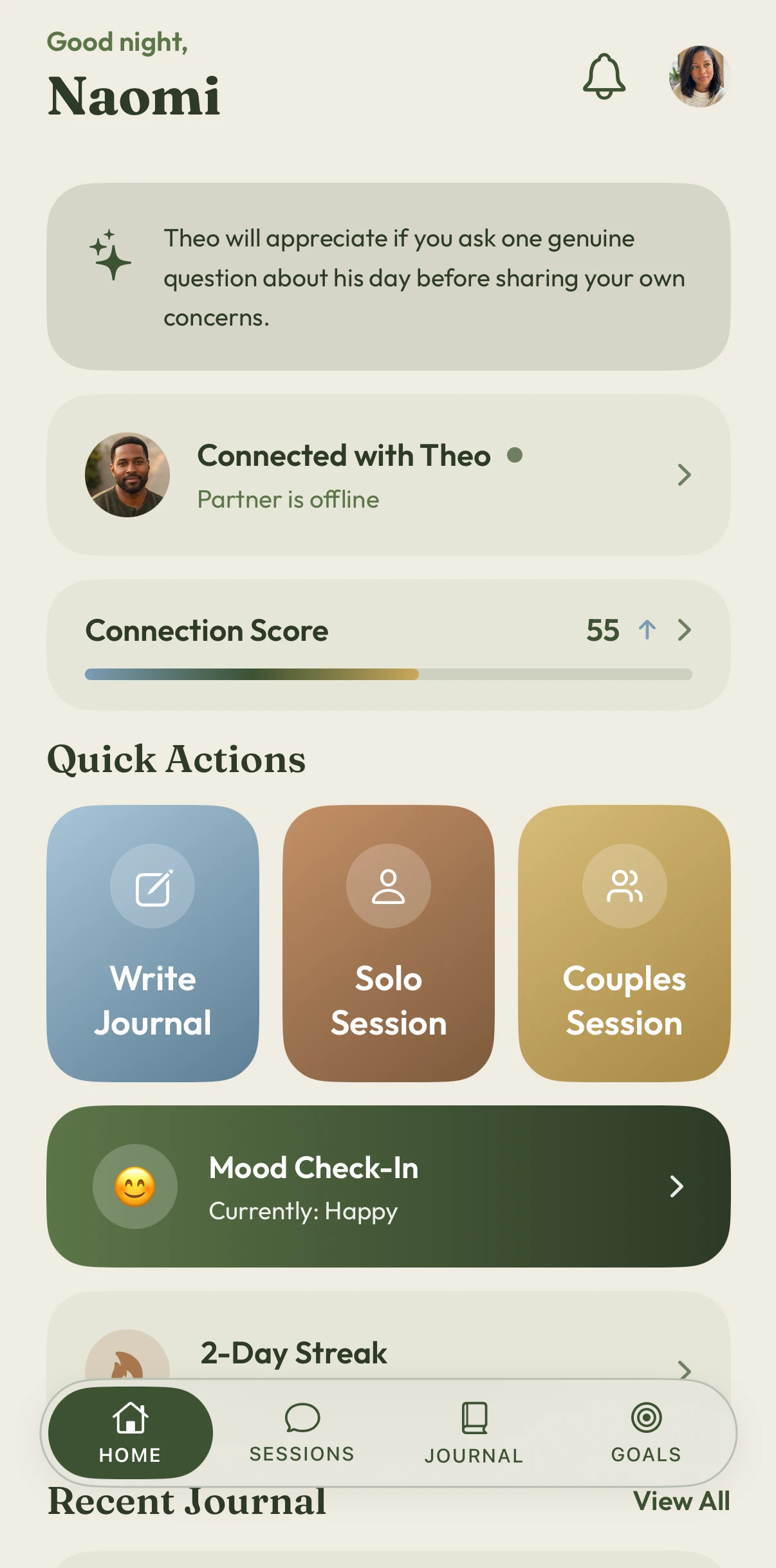 Harmony home screen with quick actions, partner status, mood check-in, and connection progress