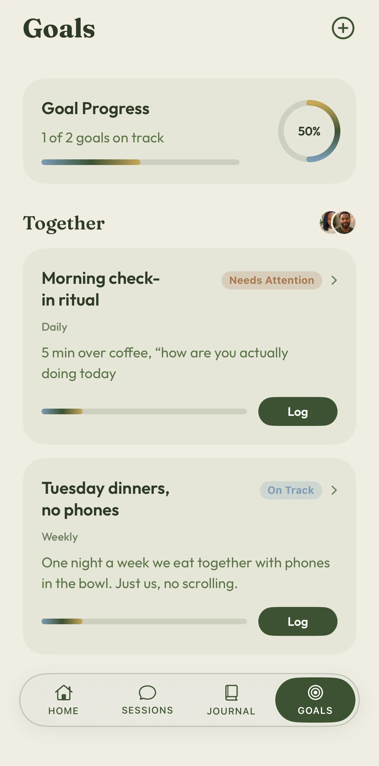 Harmony shared goals screen showing relationship practices and progress