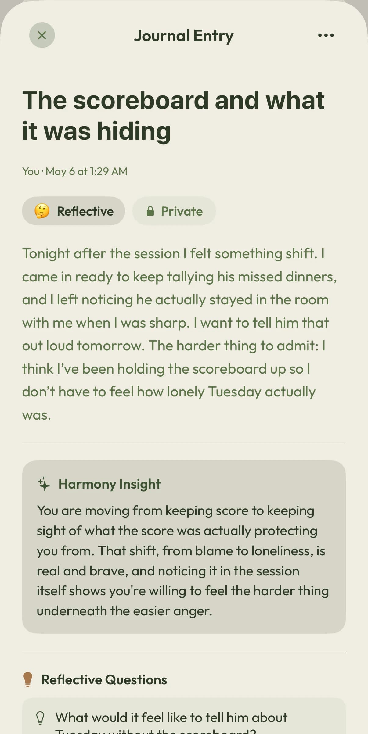 A private Harmony journal entry with an AI reflection