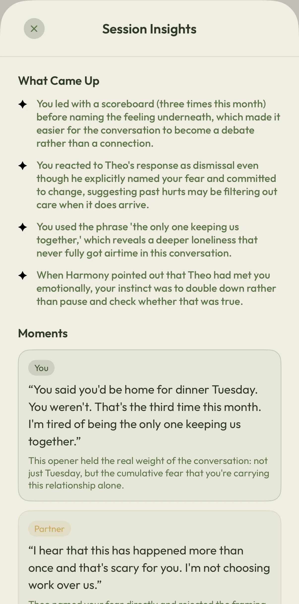 Harmony Session Insights summarizing themes and important moments